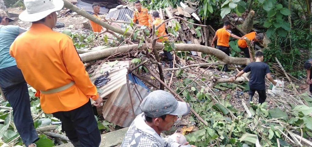Pohon Tumbang Timpah Rumah Warga akibat Hujan Deras Disertai Angin Puting Beliung di Kampung Tanjung Raja Giham
